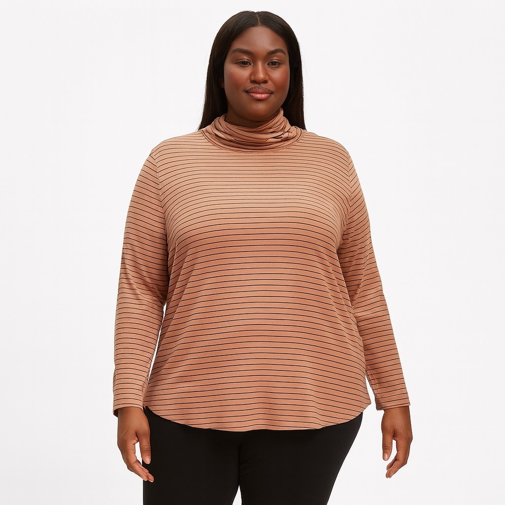 Lands' End Tan and Black Striped Turtleneck Shaped Fit Long Sleeve Top 2XL